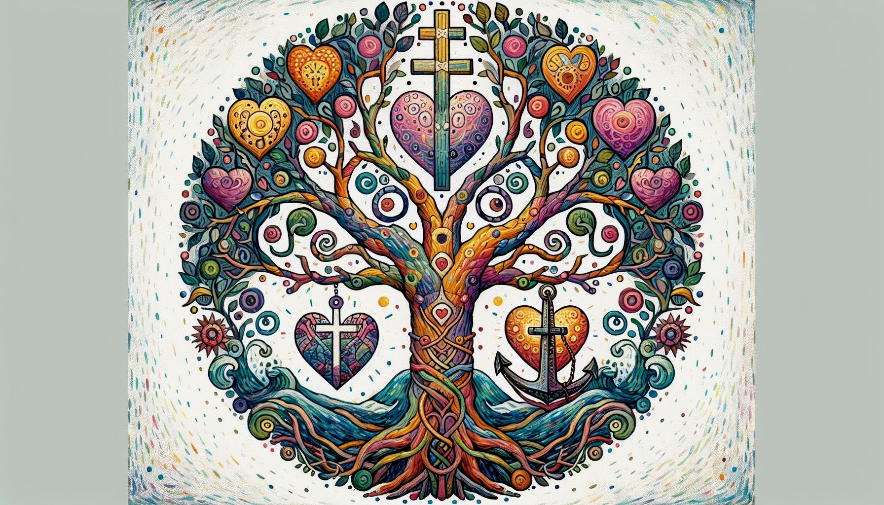 Ein gezeichnetes Bild, das den Lebensbaum zeigt mit den Symbolen für Glaube, Liebe, Hoffnung. Religion und Spiritualität