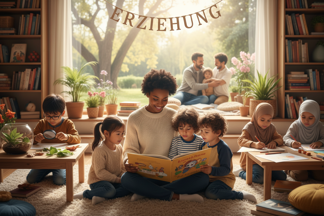 Eine Erziehungsperson liest ein Buch mit Kindern, während andere Kinder an Tischen lernen