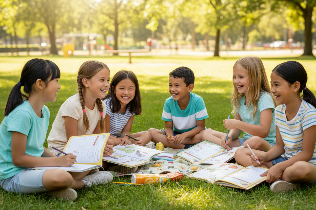 Verschiedene Kinder sitzen draussen und schreiben in Freundebücher