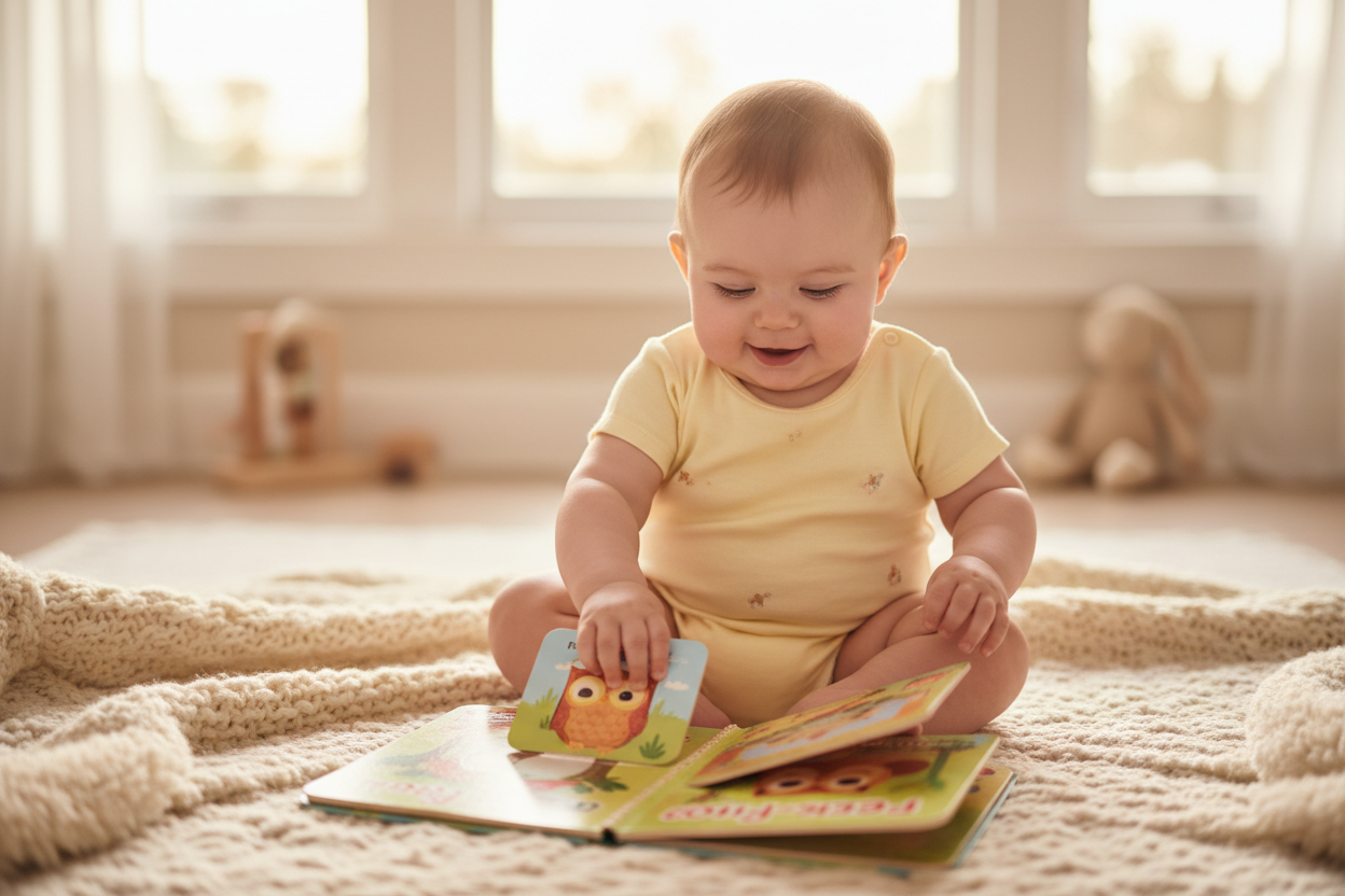 Ein Baby, das Klappen in einem Klappenbuch öffnet
