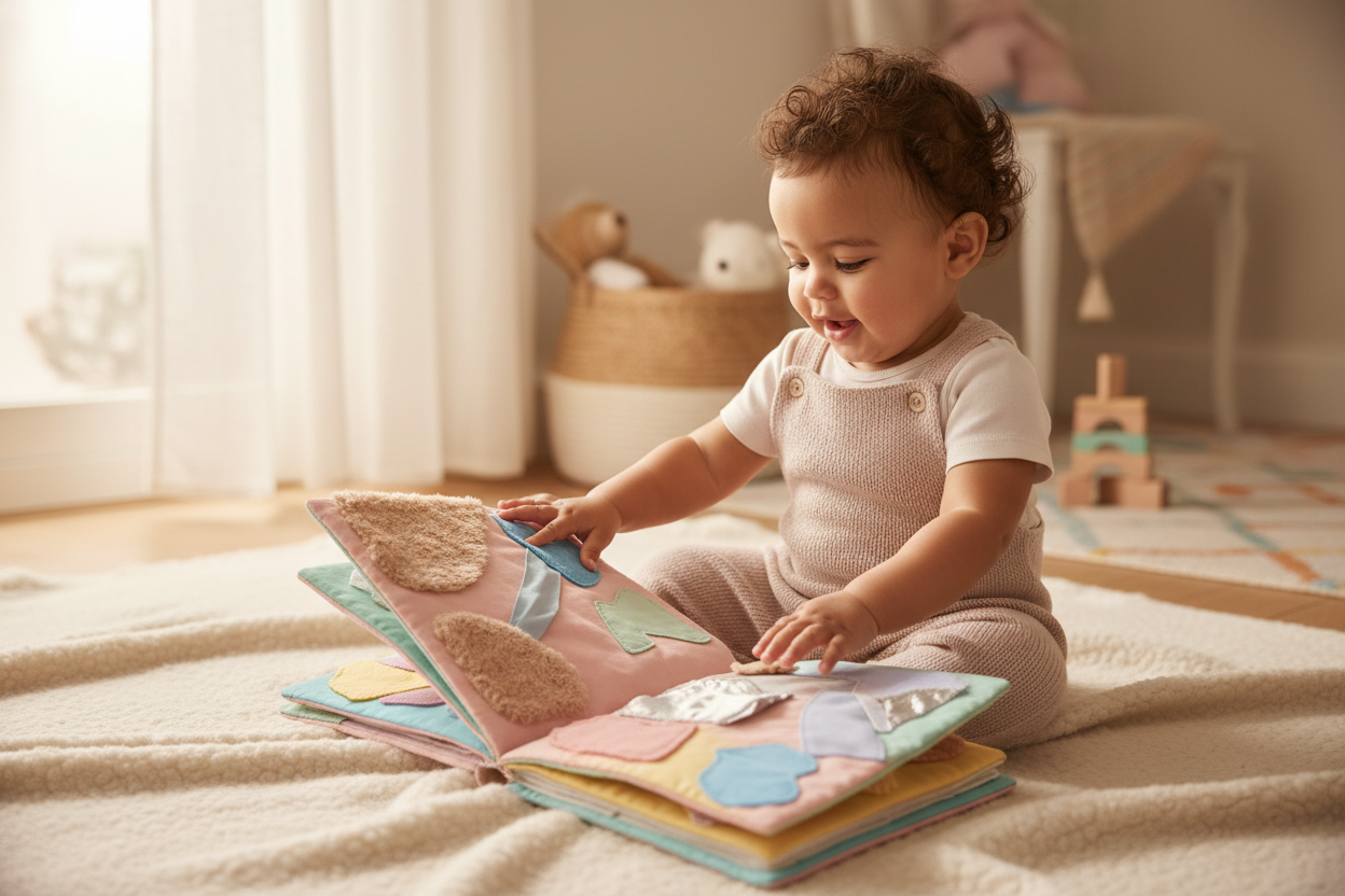 Ein Baby sitzt im Kinderzimmer und spielt mit einem Fühlbuch, Klangbuch