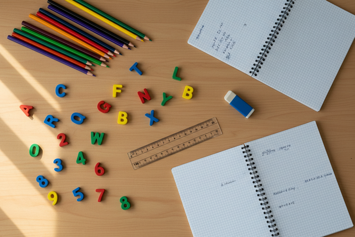 Buchstaben, Stifte, Zahlen, Hefte auf einem Tisch. Thema Lernen, Lernhilfen