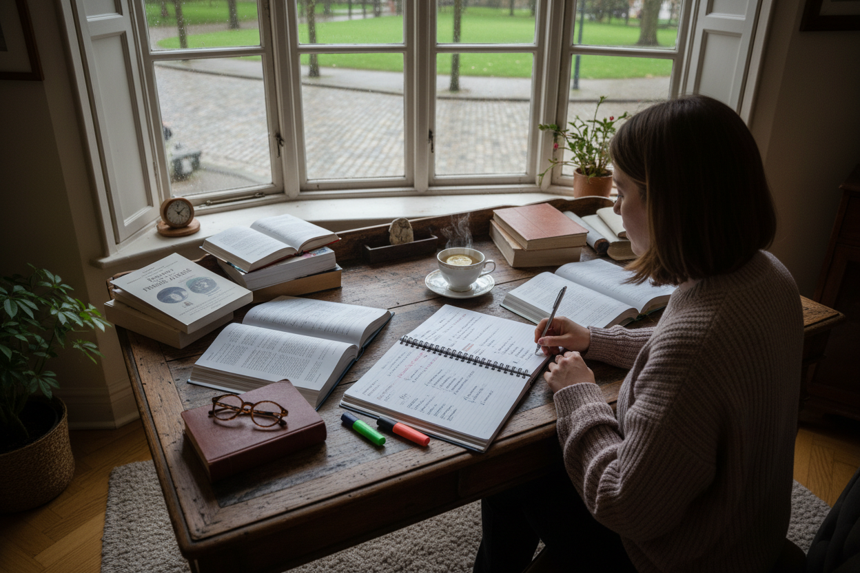 Eine Person sitzt am Tisch und lernt eine neue Sprache, Bücher sind auf dem Tisch verteilt
