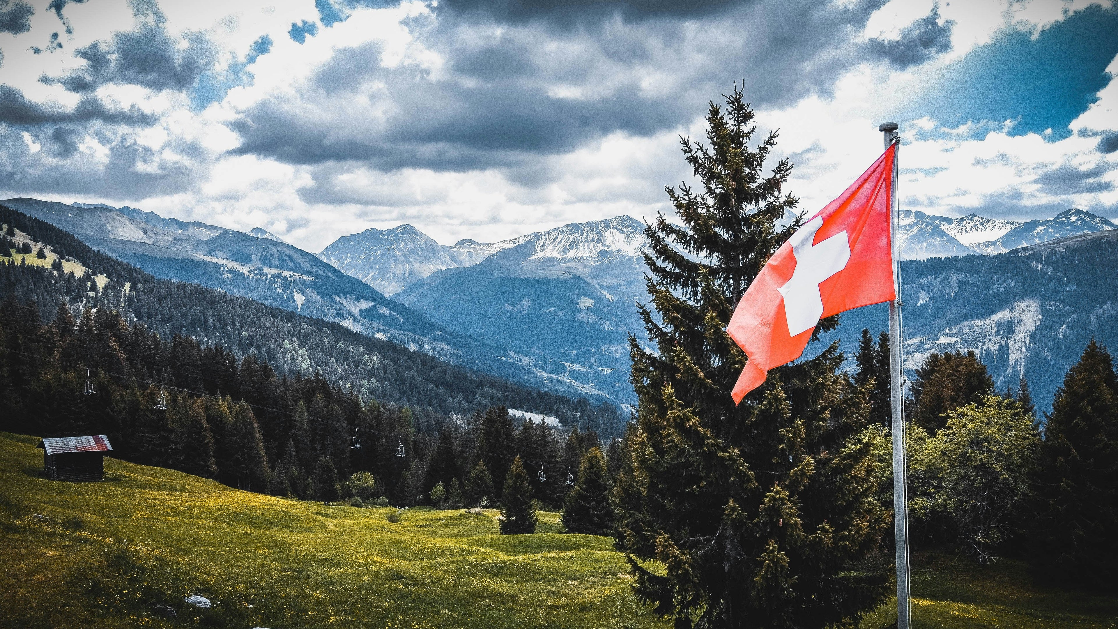 Eine Berglandschaft mit einer Schweizer Fahne im Vordergrund zum Thema Sachbuch Schweiz