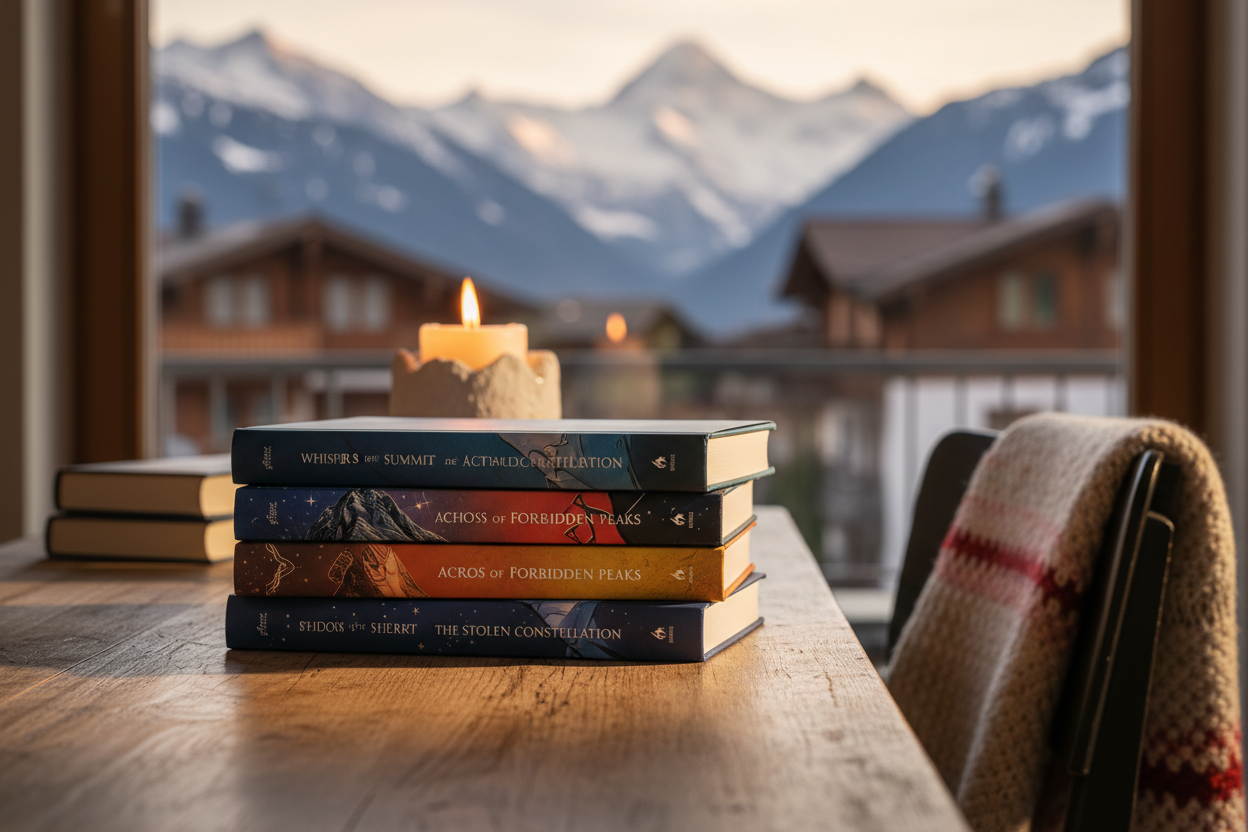 Jugendbücher ab 16 Jahren stehen auf einem Tisch, Berge im Hintergrund