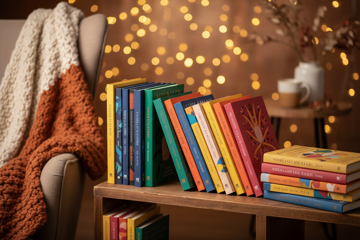 Jugendbücher ab 14 Jahren stehen und liegen auf einem Regal neben einem Lesesessel