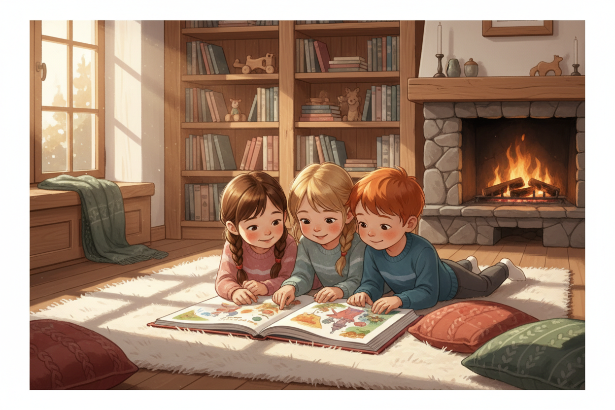 Kinder liegen auf dem Boden und lernen lesen mit Erstlesebüchern