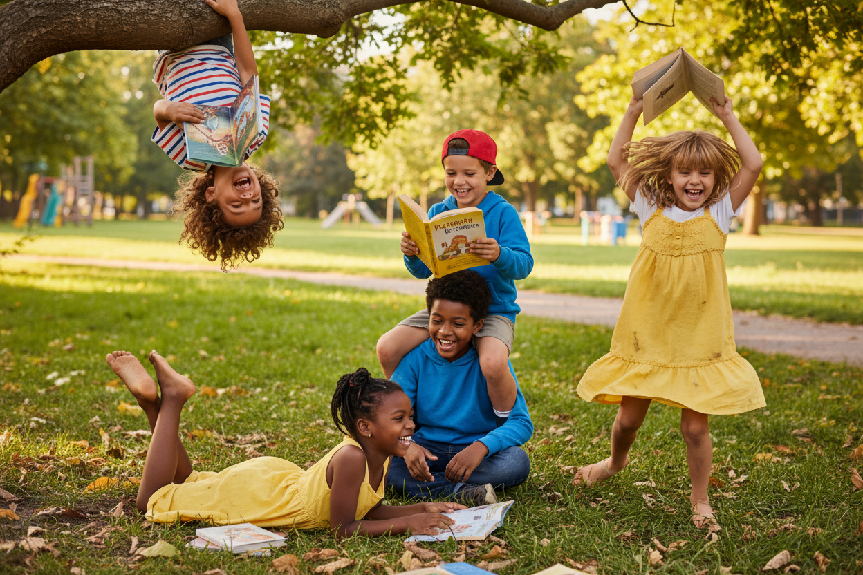Kinder spielen draussen mit Büchern