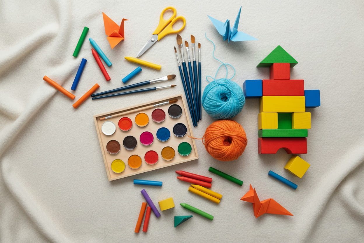 Bauklötze, Farben, Papier, Schere liegen auf dem Boden verteilt. Hobby und Beschäftigung für Kinder