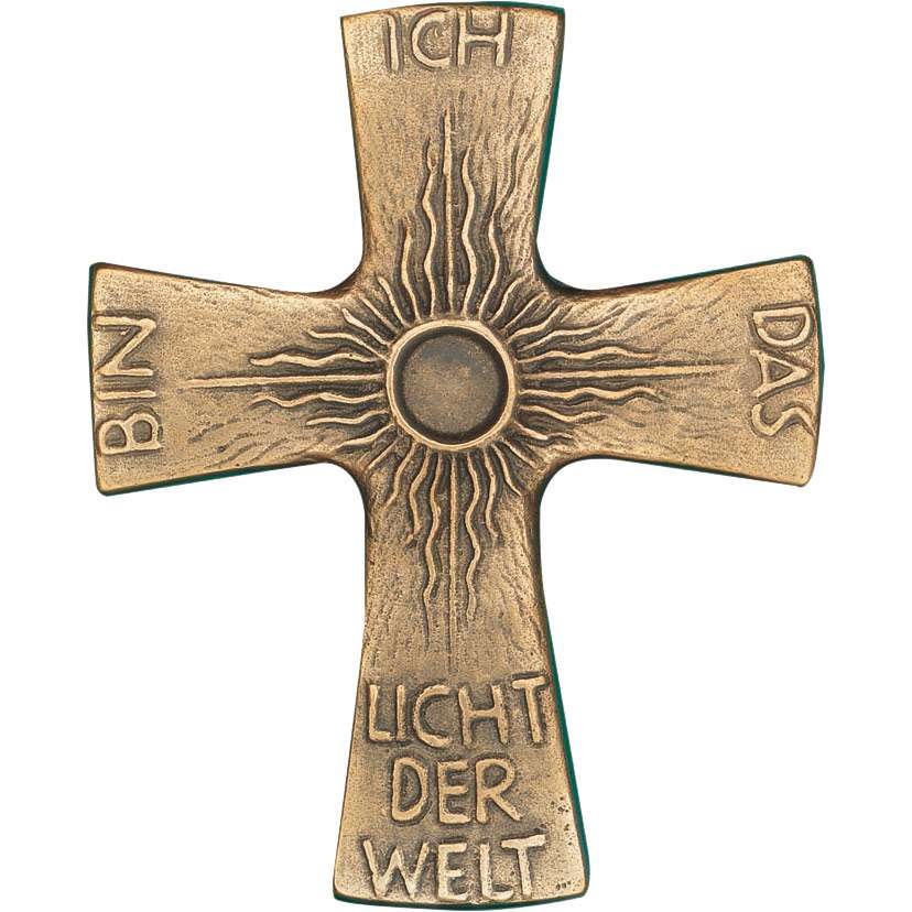 Erstkommunionkreuz aus Bronze "Ich bin das Licht der Welt"