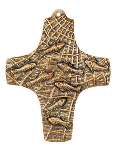 Erstkommunionkreuz aus  Bronze "Fische im Netz"