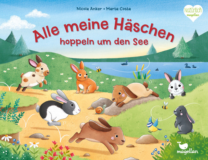 von Nicola Anker, illustriert von Marta Costa: Alle meine Häschen hoppeln um den See -   Pappbücher