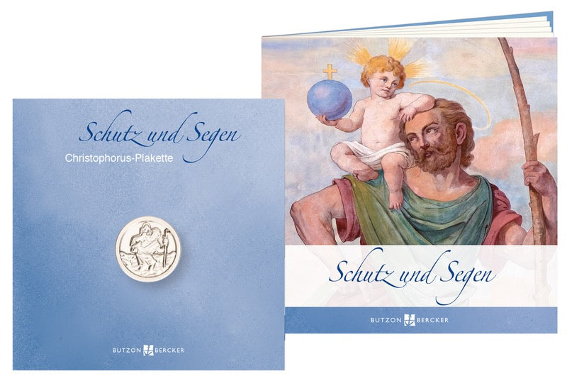 Christophorusplakete aus Metall mit Buch
