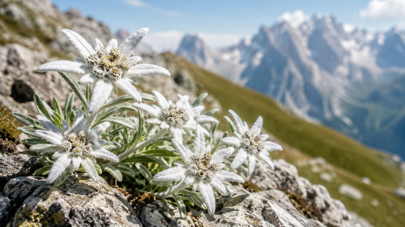 Mehrere Blumen des Edelweiss an einer Bergflanke