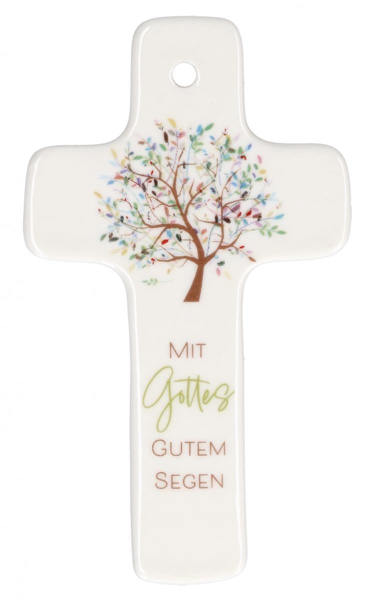 Kinderkreuz aus Porzellan "Mit Gottes gutem Segen"