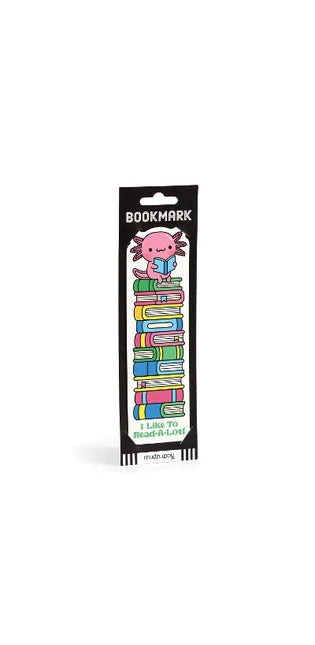 Bookmark Read-A-Lotl, Bücherstapel auf dem ein lesender Axolotl sitzt