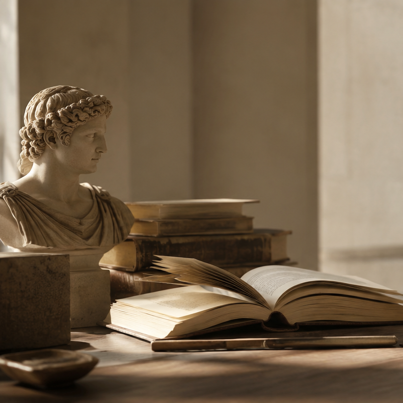 Philosophie verstehen - Themenbild antikem Philosoph und Sachbüchern.