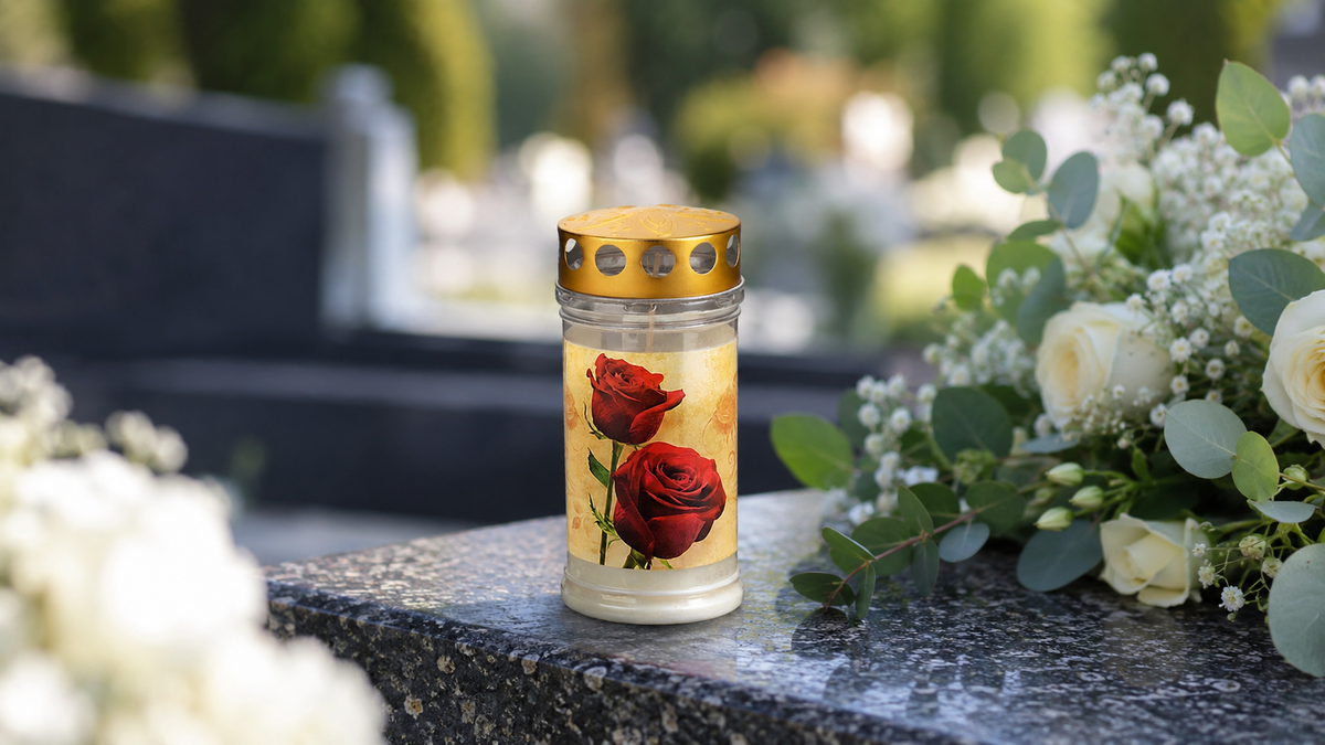 Grabkerze auf einem Friedhof als Zeichen der Liebe - Motiv Rose.