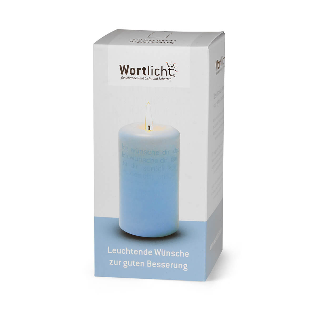 Wortlicht Kerze "Gute Besserung" in blauer Farbe als Geschenk verpackt