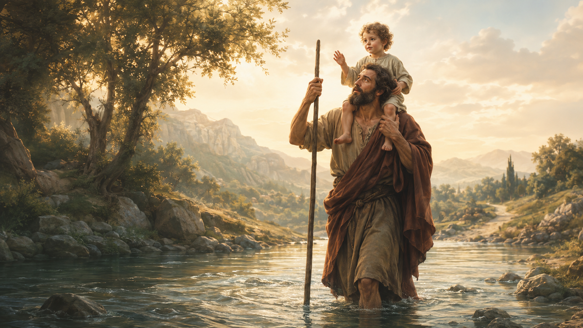 Heiliger Christophorus mit Jesuskind überquert einen Fluss