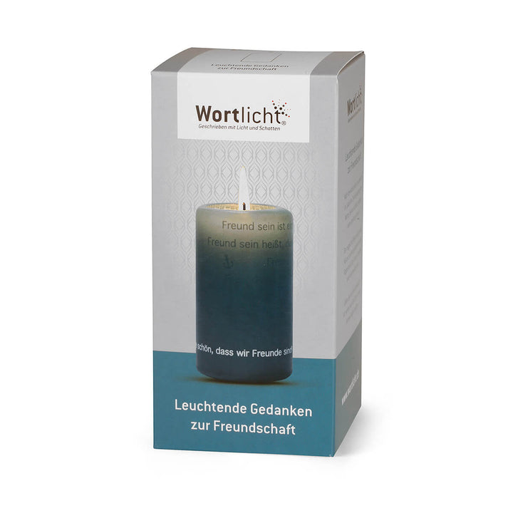 Wortlicht Kerze in Geschenkkarton "Leuchtende Gedanken zur Freundschaft"