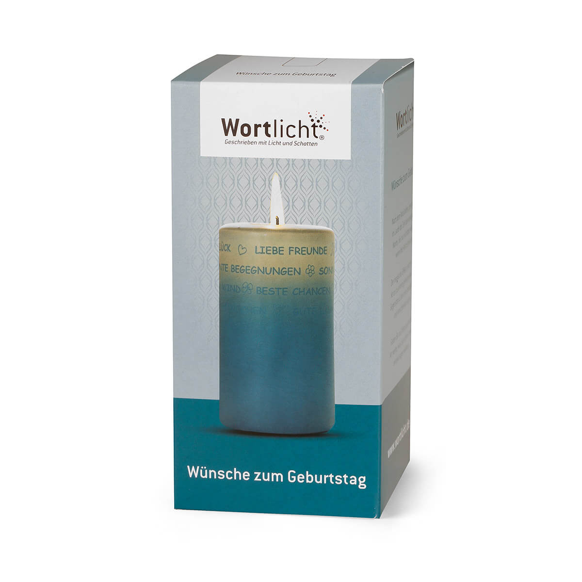 Wortlicht Kerze "Wünsche zum Geburtstag" (blau) als Geschenk