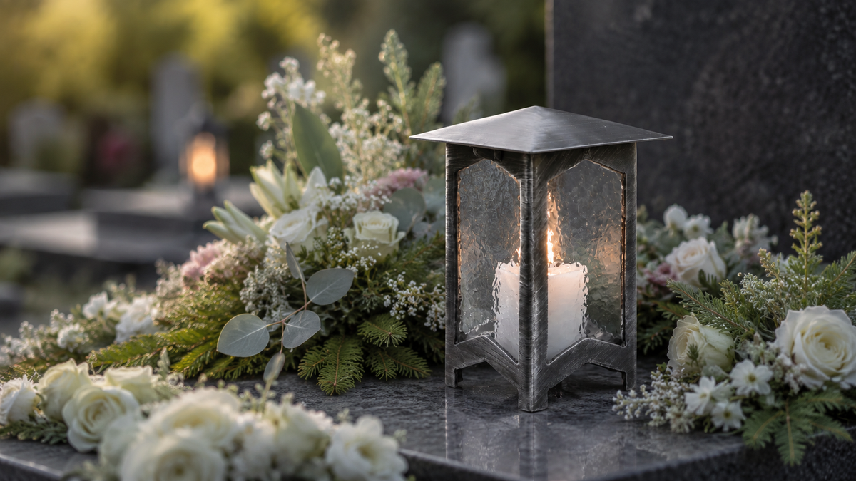 Grablampe aus Schmiedeeisen mit leuchtender Grabkerze auf einem Friedhof. 