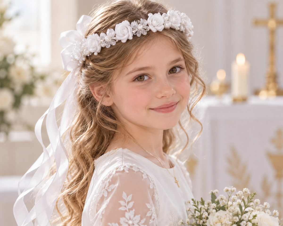 Mädchen mit Haarschmuck zur Erstkommunion mit weissen Rosen