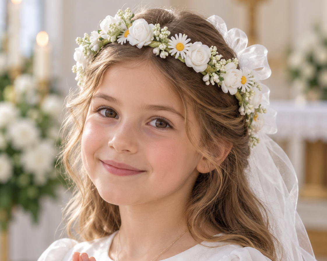 Mädchen mit Haarkranz zur Erstkommunion mit Margeriten