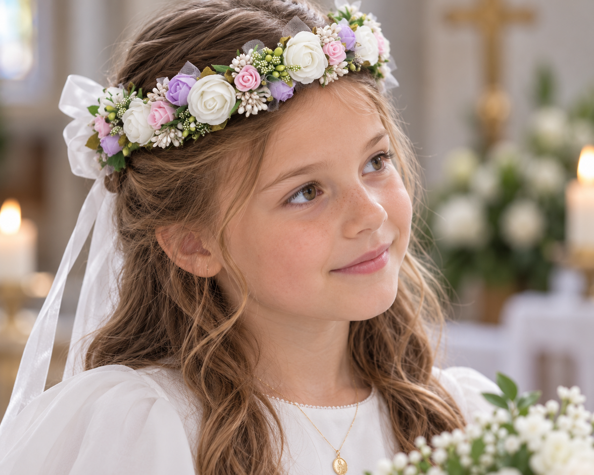 Mädchen mit Haarschmuck zur Erstkommunion mit bunten Blüten