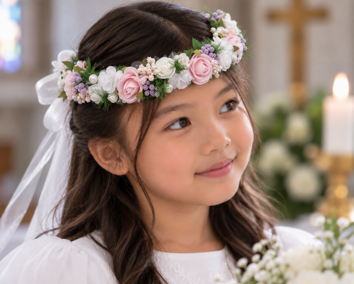 Mädchen mit Kommunionkranz mit bunten Blüten