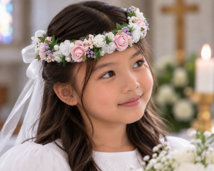 Mädchen mit Kommunionkranz mit bunten Blüten