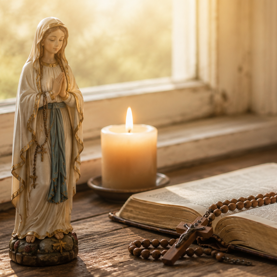 Marienstatue, Bibel und Rosenkranz. Motivbild zum Thema Religion & Spiritualität.