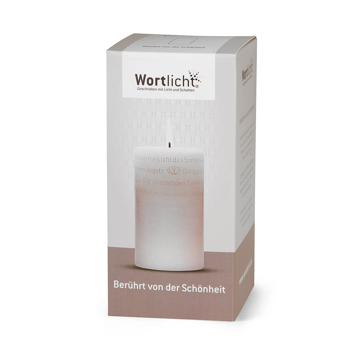 Wortlicht Kerze als Geschenk zum Thema „Berührt von der Schönheit“