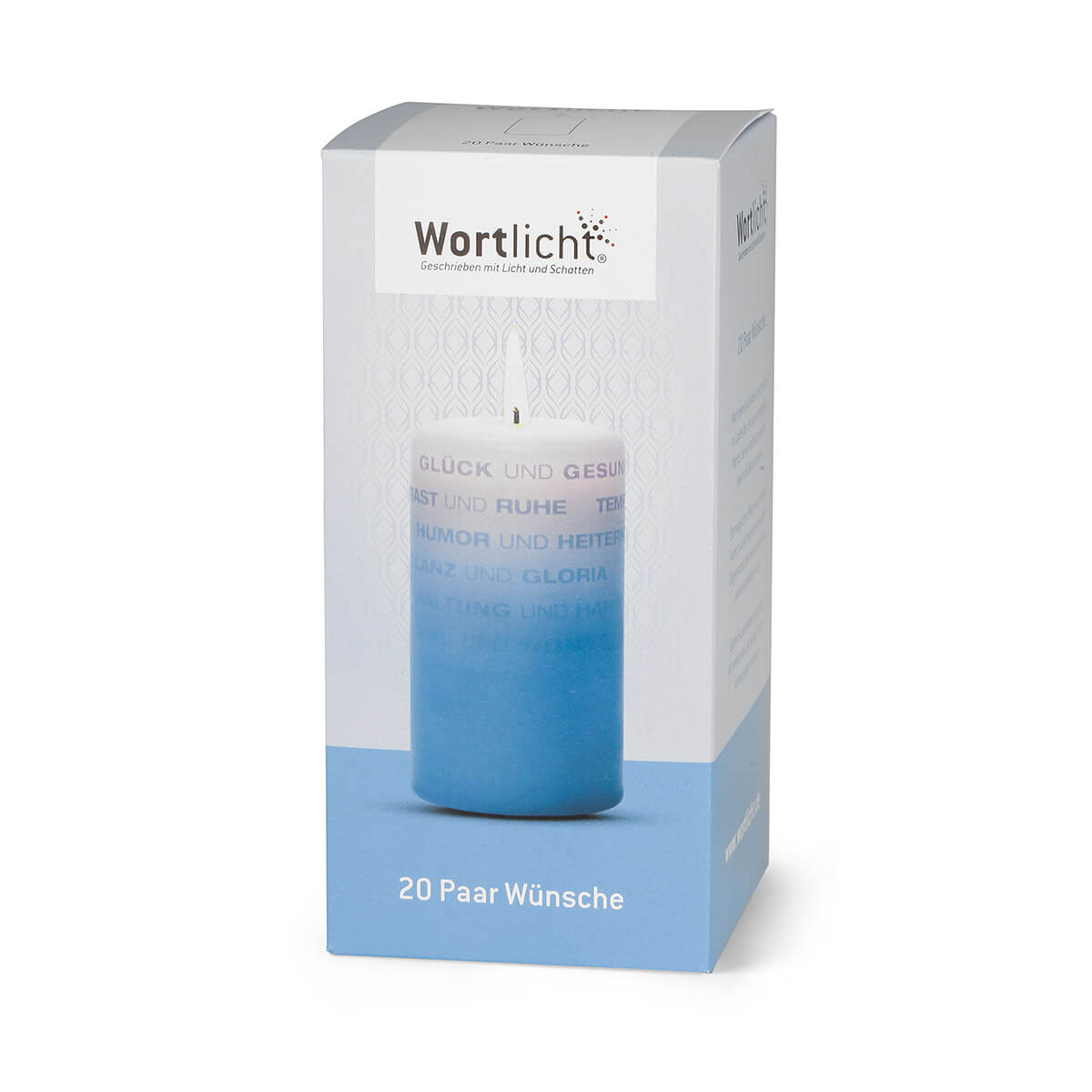 Blaue Wortlichtkerze 20 Paar Wünsche in Geschenkkarton.