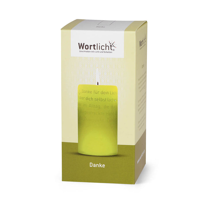 Wortlicht "Danke" im Geschenkkarton mit der Botschaft: Schön, dass es dich gibt.