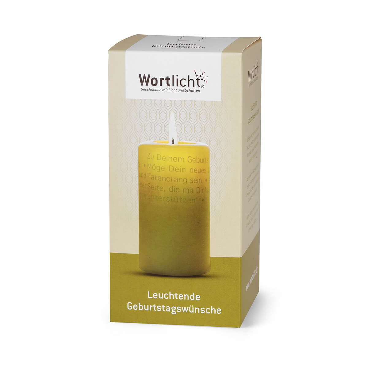 Wortlicht Kerze "Wünsche zum Geburtstag" opalgrün im Geschenkkarton.