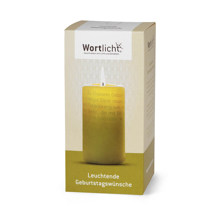 Wortlicht Kerze "Wünsche zum Geburtstag" opalgrün im Geschenkkarton.