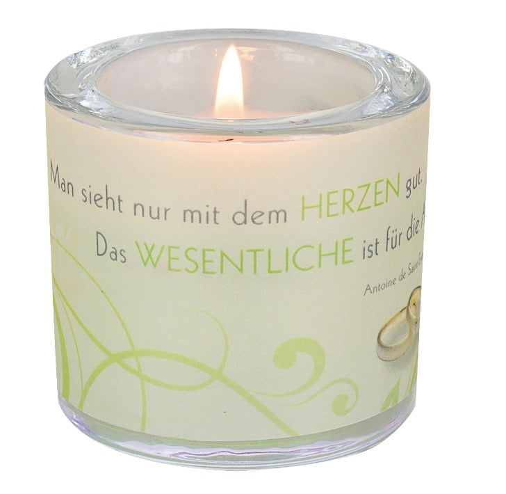 Glaswindlicht zur Hochzeit "Man sieht nur mit dem Herzen gut"