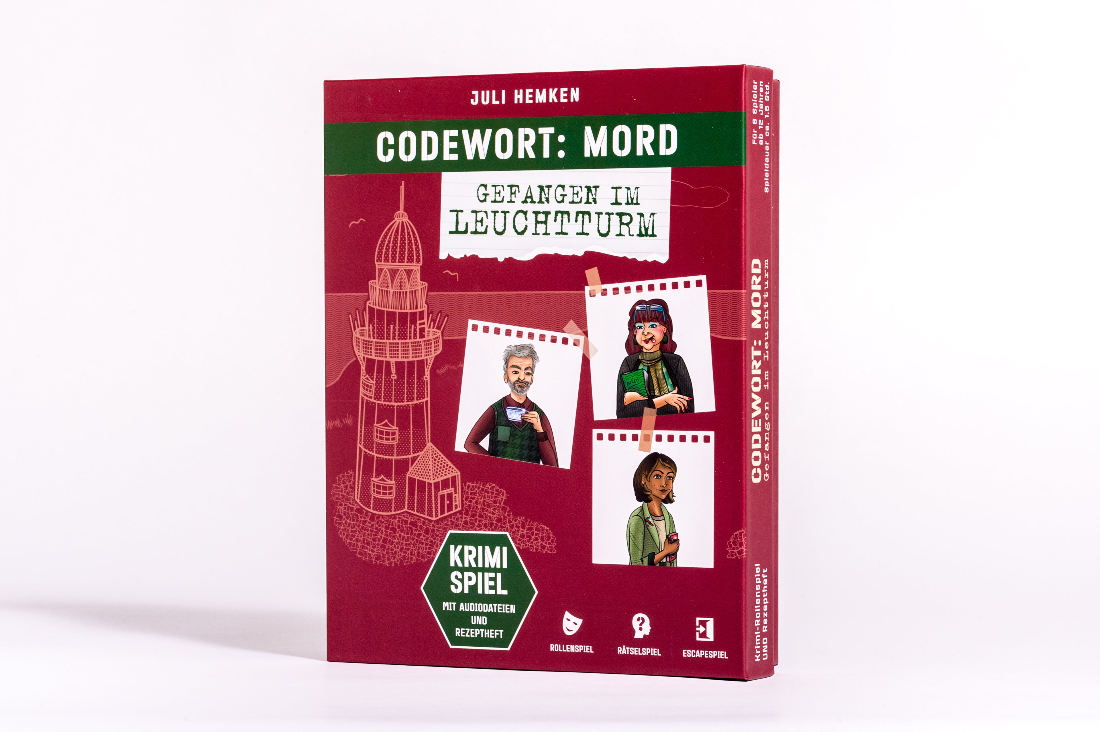 von Juli Hemken: Codewort: Mord. Gefangen im Leuchtturm. Krimidinner-Rollenspiel und Kochbuch. Für 6 Spieler ab 12 Jahren. -