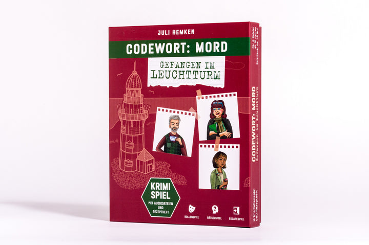von Juli Hemken: Codewort: Mord. Gefangen im Leuchtturm. Krimidinner-Rollenspiel und Kochbuch. Für 6 Spieler ab 12 Jahren. -